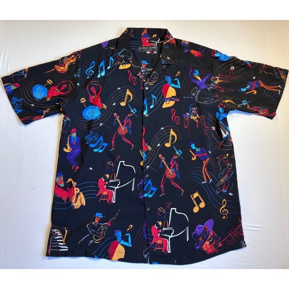 Via Ripatti Men's L Casual Button Up Shirt Jazz Music Graphic Black Multicolor